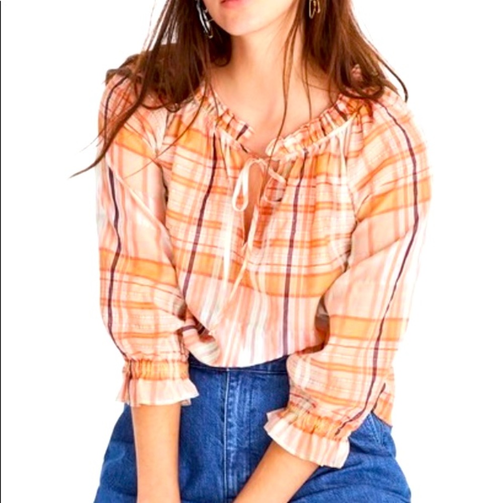Madewell Orange Plaid Ruffle Top - Picture 2 of 4
